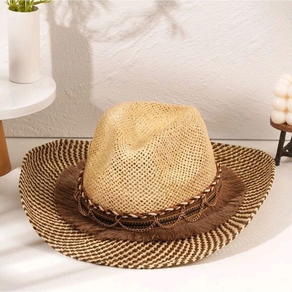 RemiAnn Accessories - Chain Decor Fringe Trim Straw Hat